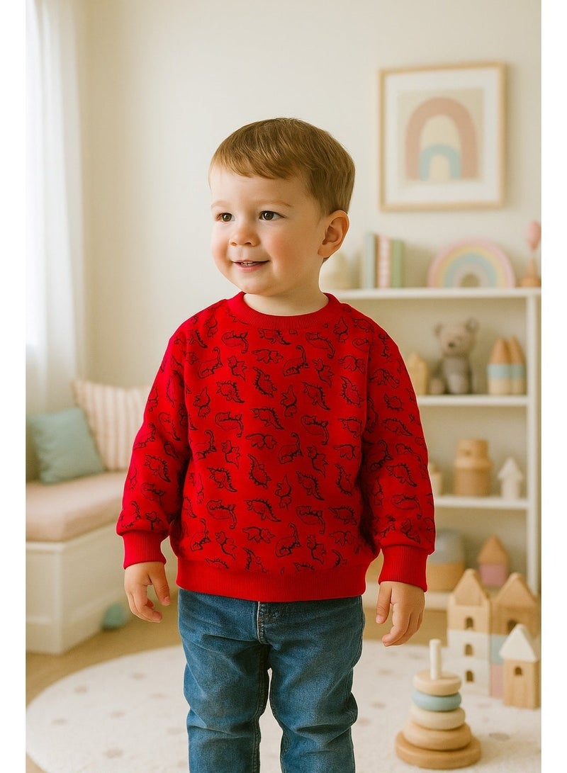 Sinsay سويتشيرت أطفال أولادي باللون الأحمر برسومات ديناصورات، خامة ناعمة ودافئة ومريحة للمدرسة والخروجات. - Image 2