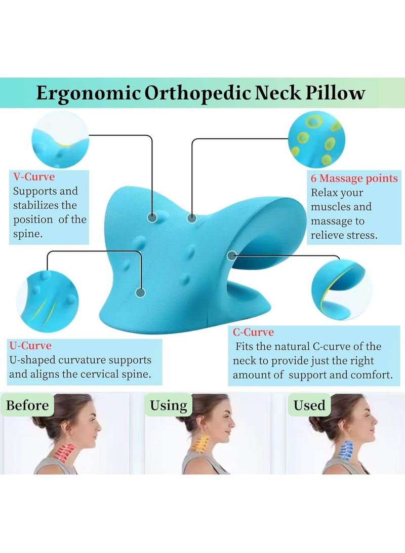 جهاز شد العمود الفقري العنقي - مصحح حدبة الرقبة ودعم الوضعية لتخفيف توتر العضلات، وتسكين آلام المفصل الصدغي الفكي، ومرخي الكتفين، ودعامة رقبة مريحة من إسفنج عالي الكثافة (أزرق) - Image 4
