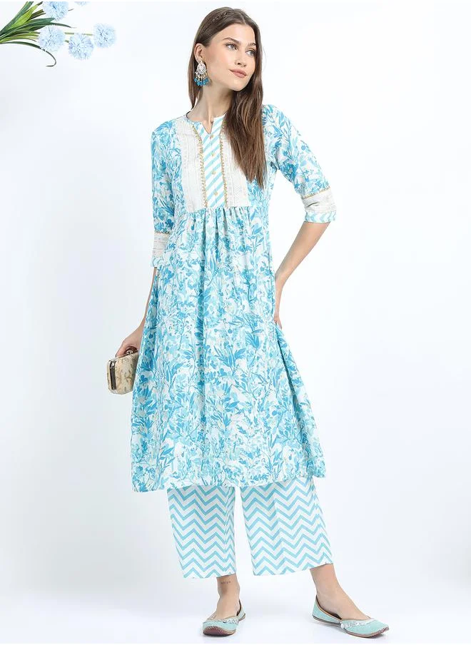 Vishudh Floral Print Pleated Kurti & Palazzos Set