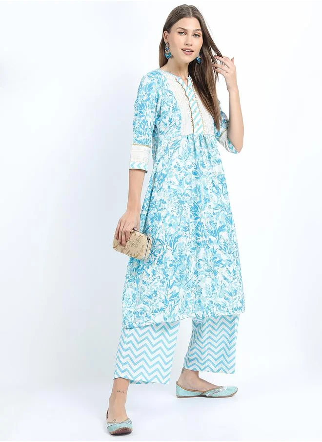 Vishudh Floral Print Pleated Kurti & Palazzos Set