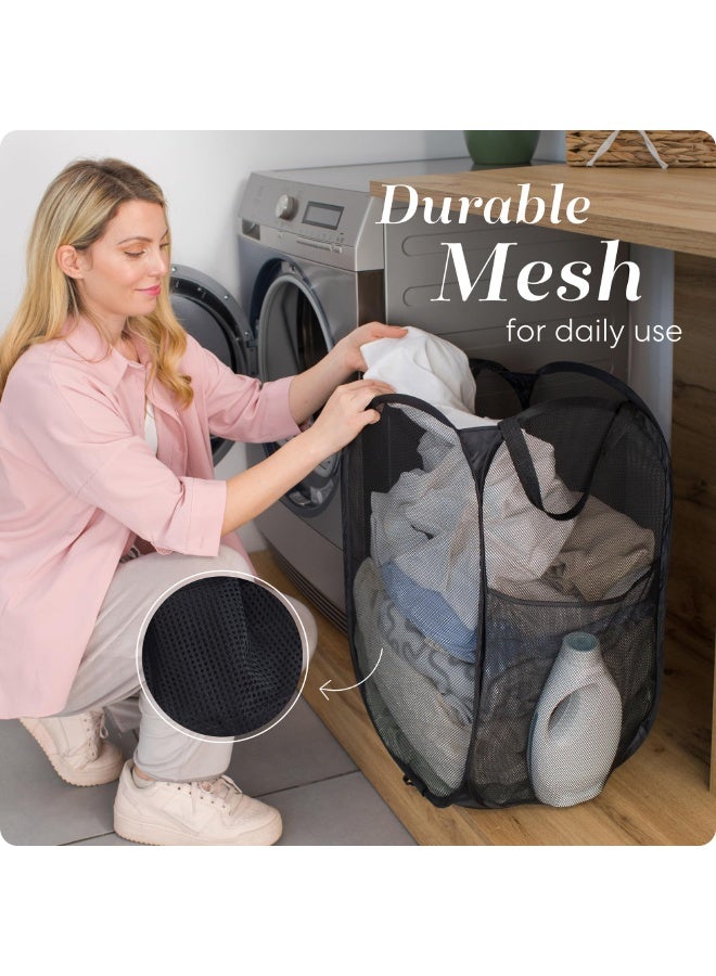 Collapsible Laundry Basket, Mesh Pop Up Hamper with Wide Opening and Side Pocket - Breathable, Sturdy, Foldable, and Space-Saving Design for Clothes and Storage (Black) - Image 5