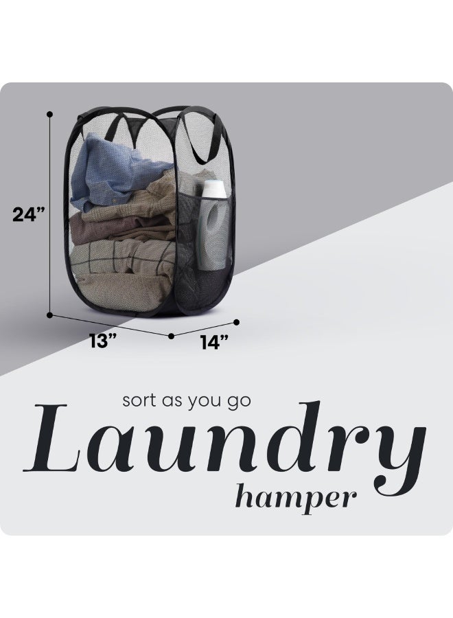 Collapsible Laundry Basket, Mesh Pop Up Hamper with Wide Opening and Side Pocket - Breathable, Sturdy, Foldable, and Space-Saving Design for Clothes and Storage (Black) - Image 2