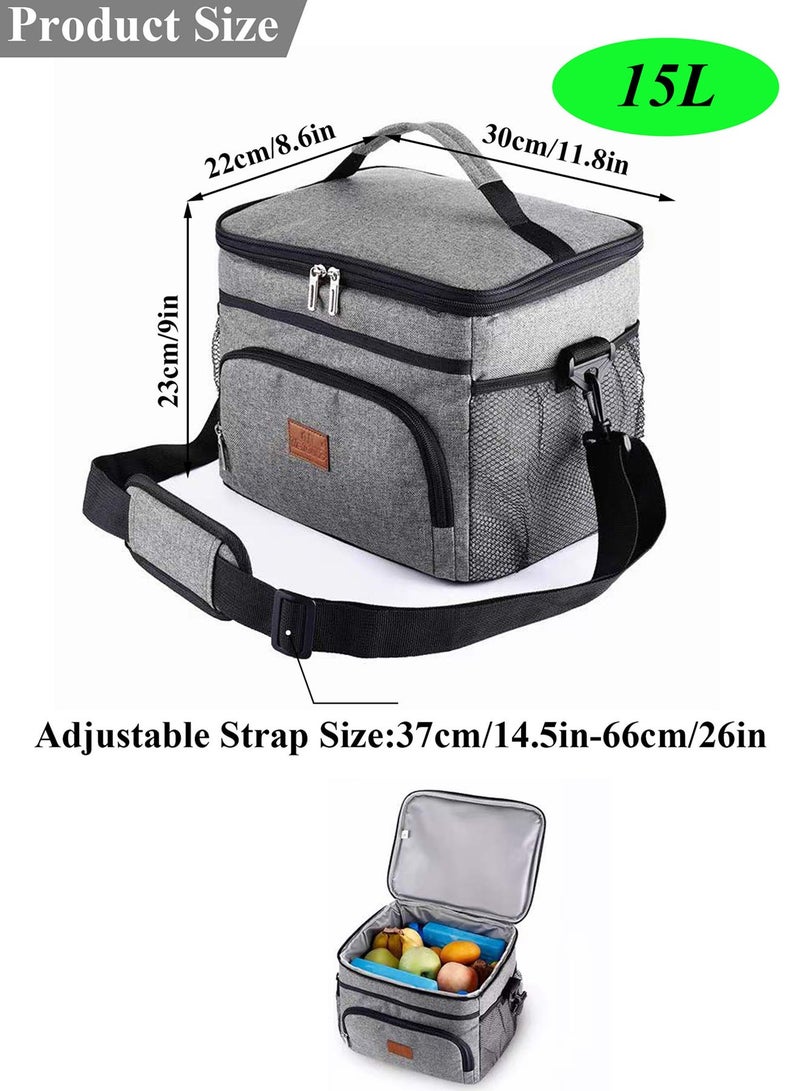 Qiccijoo Lunch Bags 15L Insulated Cooler Bag for Men Women, Reusable Insulated Waterproof Lunch Bag for Office Work School Picnic Beach Gym (Grey) - Image 2