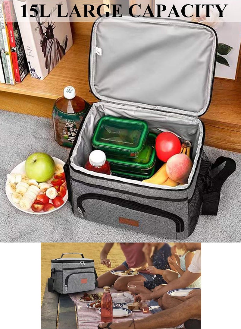 Qiccijoo Lunch Bags 15L Insulated Cooler Bag for Men Women, Reusable Insulated Waterproof Lunch Bag for Office Work School Picnic Beach Gym (Grey) - Image 5