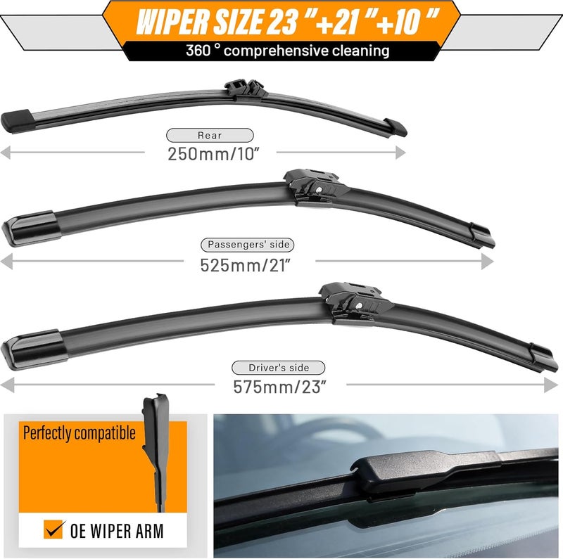 AUTOBOO OEM Windshield Wiper Blade Replacement for Mini Cooper Countryman 2017 2018 2019 2020 2021 2022 2023 Original Equipment All-Season Rear Wiper Blade Set 23+21+10 (Set of 3) - Image 3