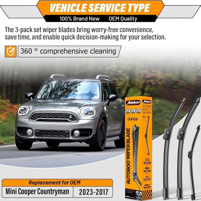 AUTOBOO OEM Windshield Wiper Blade Replacement for Mini Cooper Countryman 2017 2018 2019 2020 2021 2022 2023 Original Equipment All-Season Rear Wiper Blade Set 23+21+10 (Set of 3) - Image 2