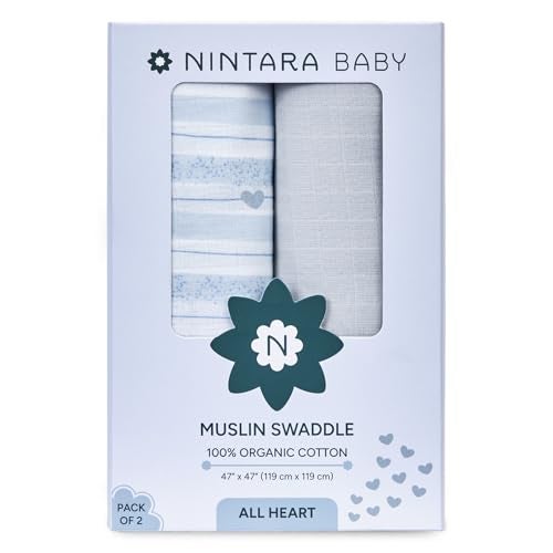 NINTARABABY Extra-Large Swaddles - 100% Organic Premium Muslin Cotton, 47" x 47" (119 cm x 119 cm), Ultra-Soft, Breathable & Lightweight, Hypoallergenic, Unisex, Gifts for Newborns, Pack of 2 - Image 1