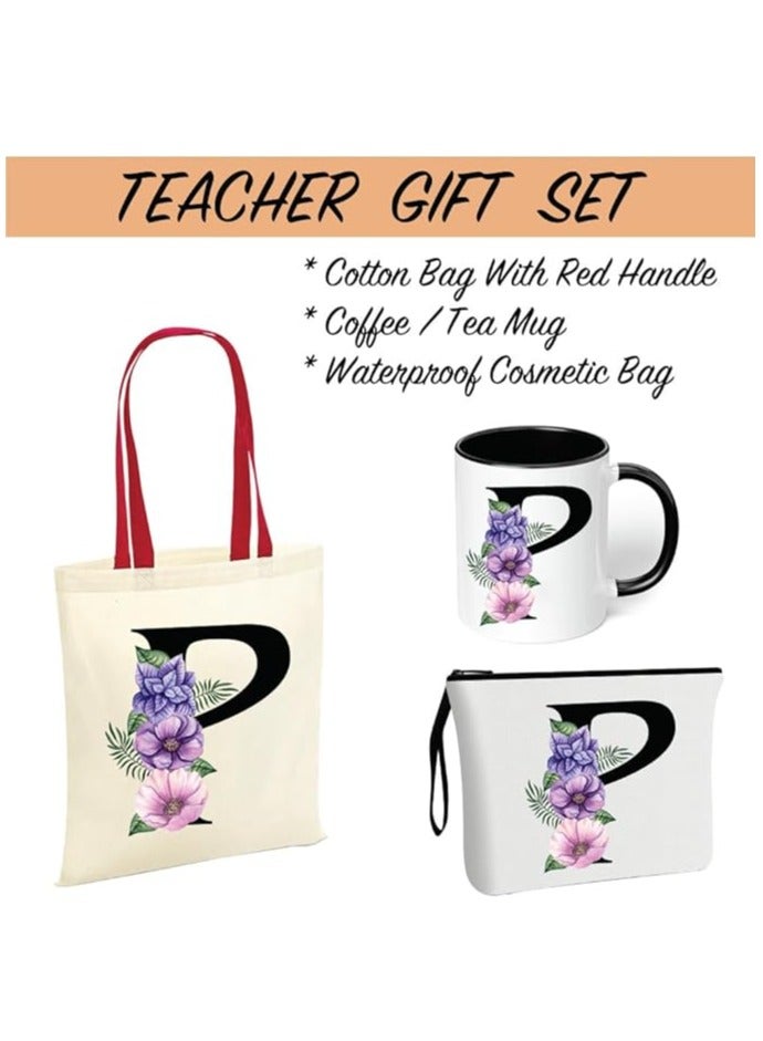 PRINTSHOP4ME Initial Letters Canvas Cotton Tote Bag With Red Handle and Cosmetic pouch for girls - Mug gifts - Pack of 3 Combo set -Giftset for wedding - Gifts for girls - Gift for friends - Image 2