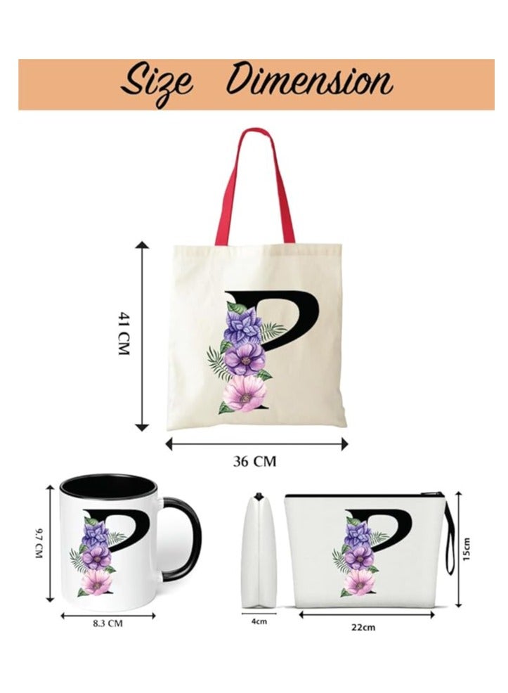 PRINTSHOP4ME Initial Letters Canvas Cotton Tote Bag With Red Handle and Cosmetic pouch for girls - Mug gifts - Pack of 3 Combo set -Giftset for wedding - Gifts for girls - Gift for friends - Image 3