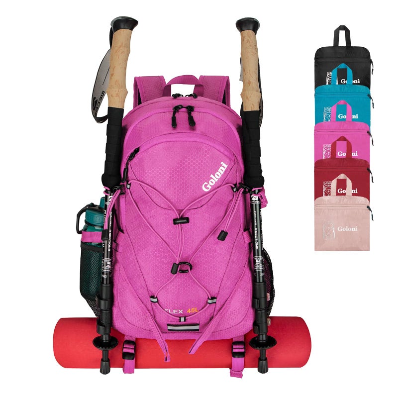 Goloni 45L Hiking Backpack Lightweight Foldable, Waterproof Camping Backpack with Rain Cover & Hiking Pole Mat Carrying System, Ergonomic Water Resistant Daypack for Trekking Travel Men Women Rose - Image 1
