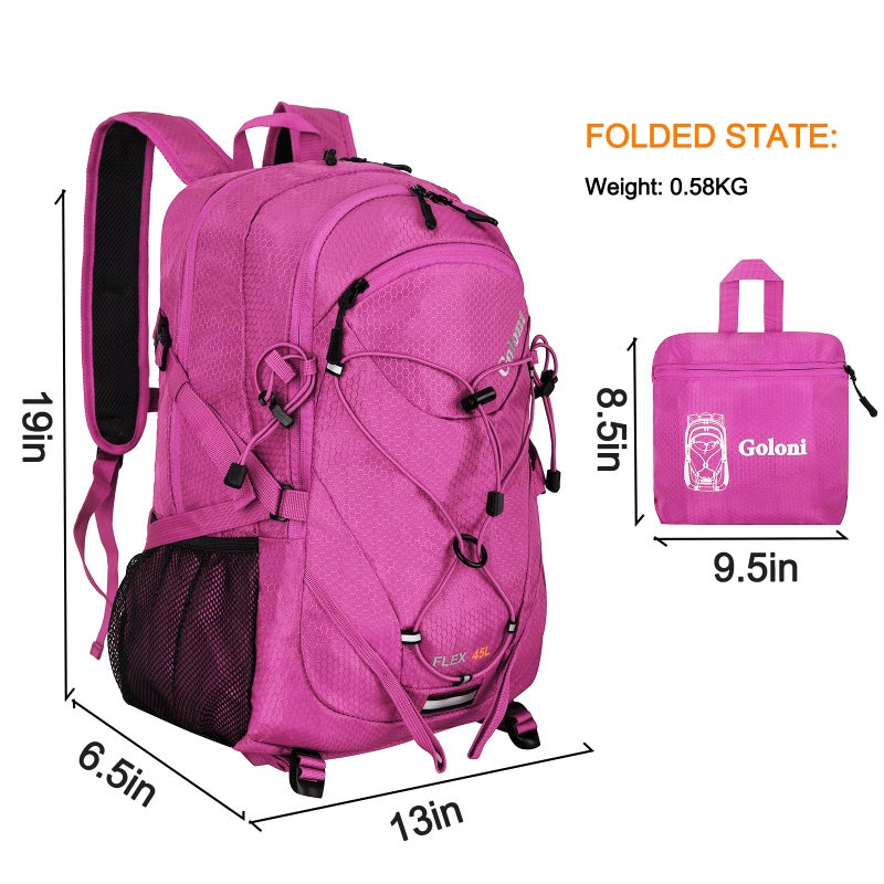 Goloni 45L Hiking Backpack Lightweight Foldable, Waterproof Camping Backpack with Rain Cover & Hiking Pole Mat Carrying System, Ergonomic Water Resistant Daypack for Trekking Travel Men Women Rose - Image 2