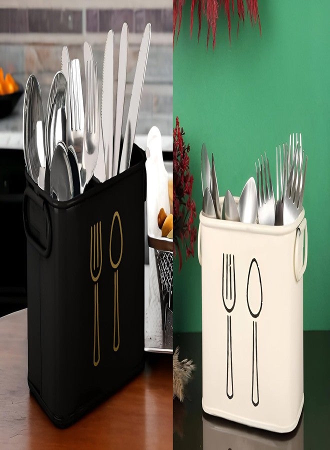EvoFlex Modular Kitchen Utensil Holder Caddy with Double Compartment, Metal Kitchen Organiser with Handle, 16x9x11.5 cm, Combo (Pack of 2) in Black and White - Image 1