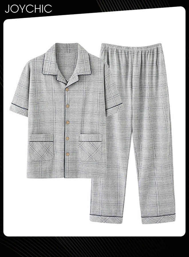 NIBEMINENT 2-piece Leisure Men's Pajamas Set Pure Cotton Skin-friendly Lattice Short-sleeved Trousers Loose Youth Home Sleepwear Breathable Cardigan Suit Grey for Spring Summer Autumn - Image 2