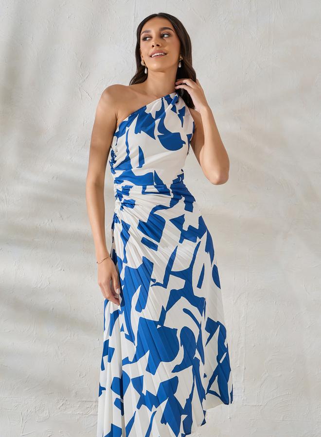 Styli Abstract Print One Shoulder Neck Gathered Midi Dress  - Image 3