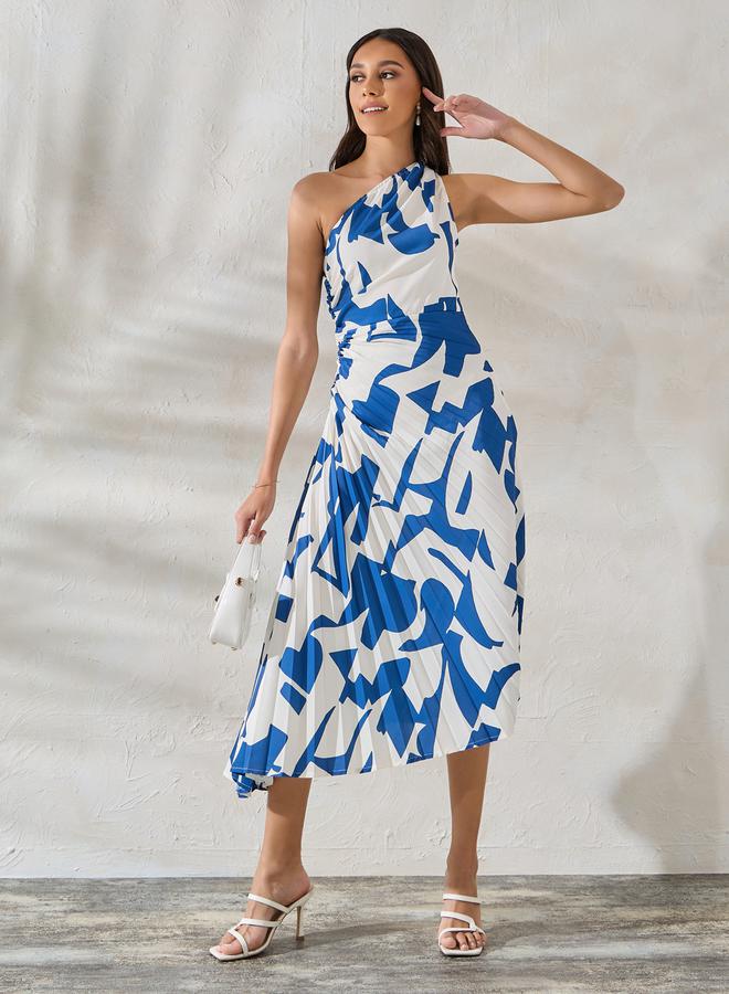 Styli Abstract Print One Shoulder Neck Gathered Midi Dress  - Image 1