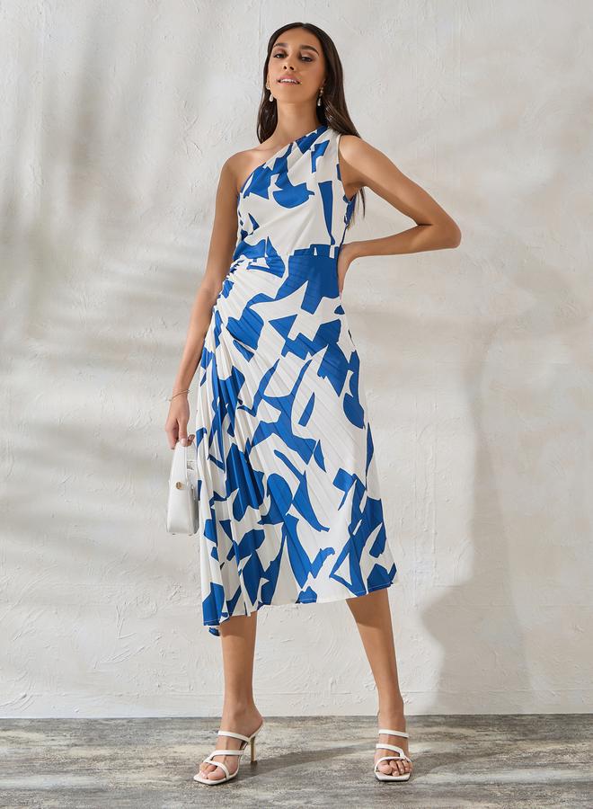 Styli Abstract Print One Shoulder Neck Gathered Midi Dress  - Image 2
