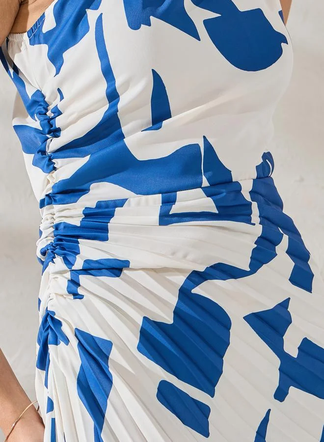 Styli Abstract Print One Shoulder Neck Gathered Midi Dress