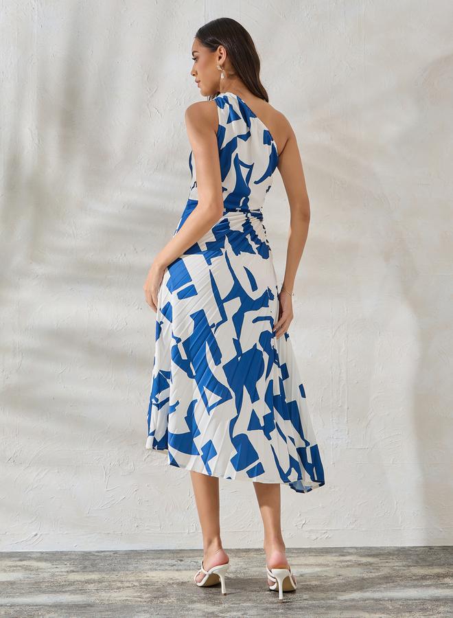 Styli Abstract Print One Shoulder Neck Gathered Midi Dress  - Image 5