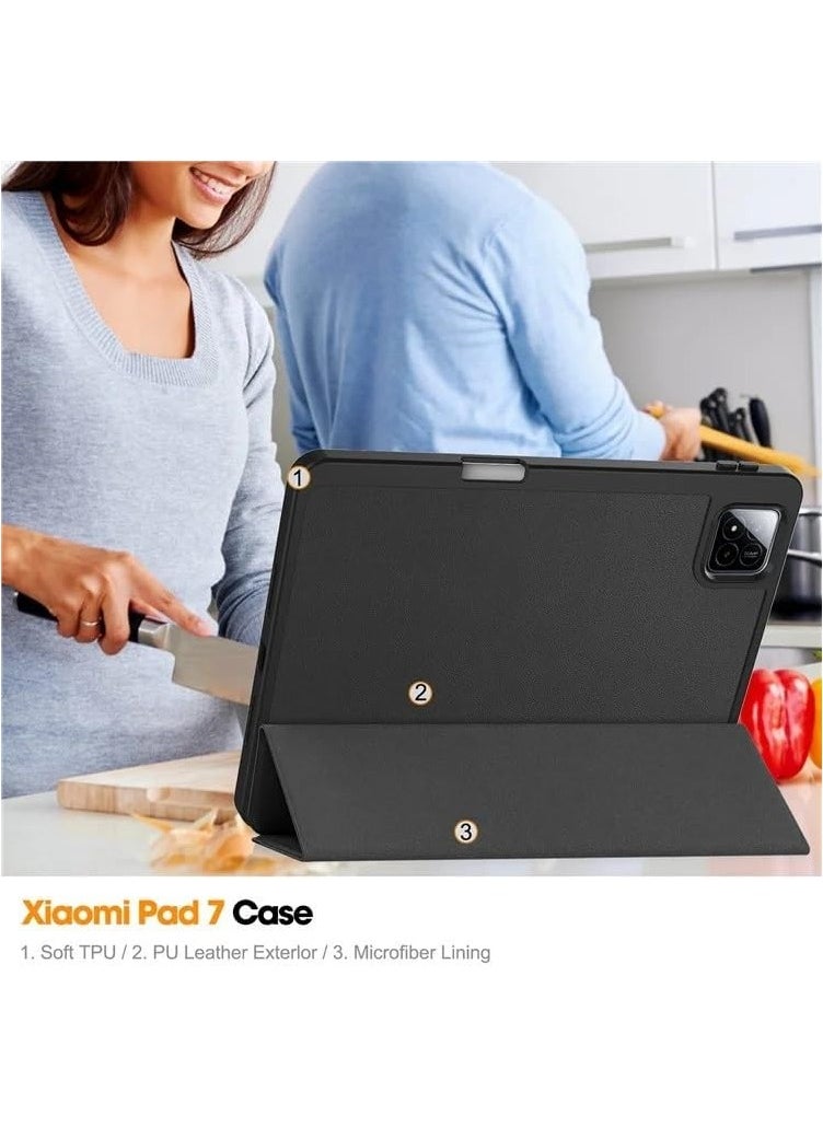 Case for Xiaomi Pad 7 Pro/ Pad 7 Cover with Tempered Glass Screen Protector Tri-Fold Smart Tablet Slim Case Multi- Viewing Angles Stand Folio Cover with Auto Wake for Mi pad 7 / Pad 7 Pro