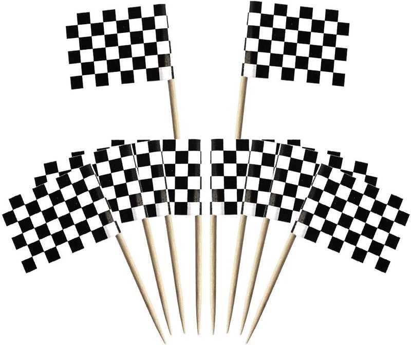 Wobe Flag Toothpick - 100 Pieces Black and White Racing Themed Cake Toppers for Cocktail Parties - Image 1