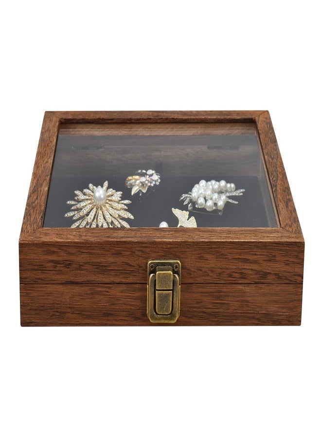 MOOCA Tempered-Glass Top Small Wooden Jewelry Display Case with Removable Black Luxurious Velvet Jewelry Display Pad, Deeper 2.2" Design for Collectibles, Brown Color. - Image 3
