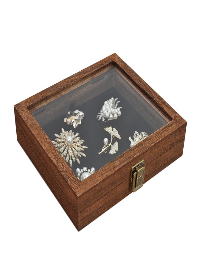 MOOCA Tempered-Glass Top Small Wooden Jewelry Display Case with Removable Black Luxurious Velvet Jewelry Display Pad, Deeper 2.2" Design for Collectibles, Brown Color. - Image 1