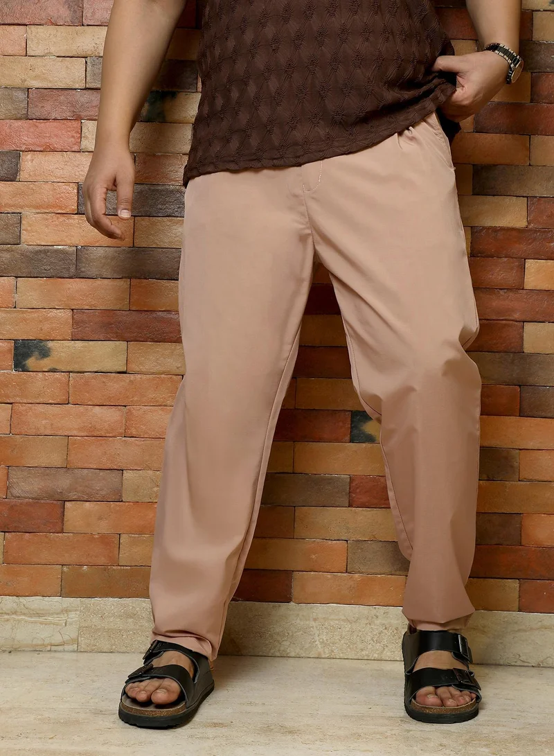 Instafab Plus Instafab Plus Men's Desert Beige Solid Pleated Tailored Trousers | Mid-Rise , Straight Hem , Button Closure | Solid Plain Polyester Blend Material For Office & Casual Wear