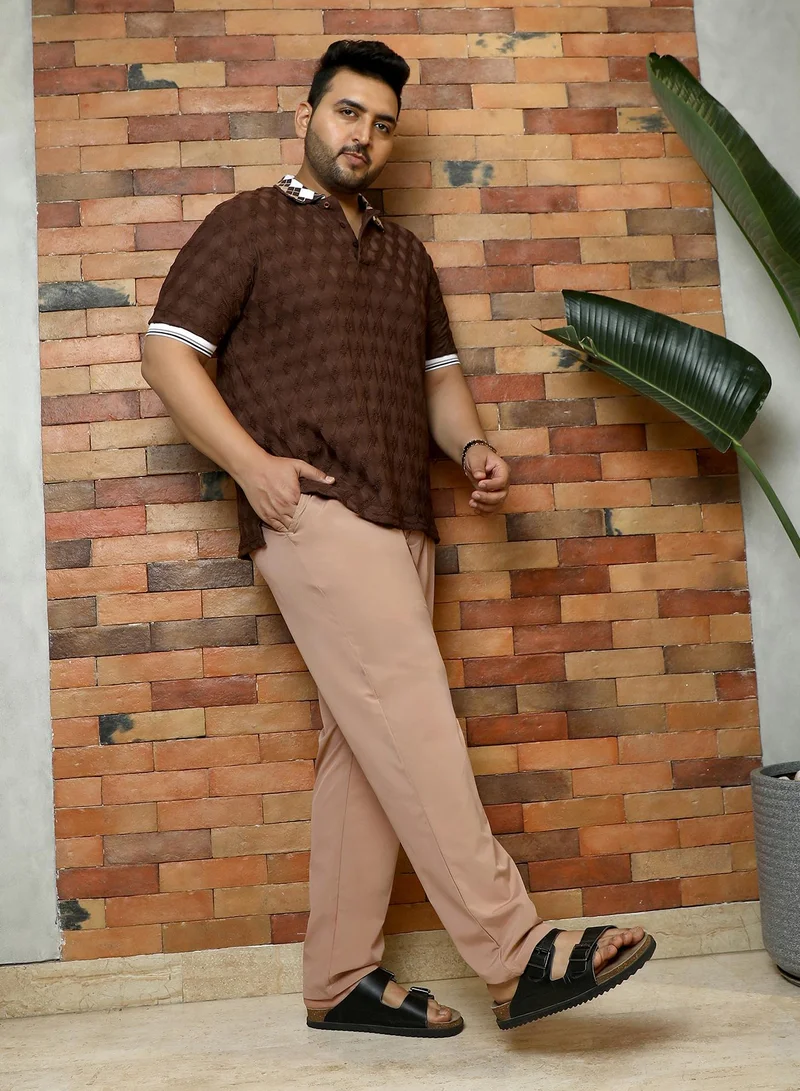 Instafab Plus  Instafab Plus Men's Desert Beige Solid Pleated Tailored Trousers | Mid-Rise , Straight Hem , Button Closure | Solid Plain Polyester Blend Material For Office & Casual Wear for Men | Best Price UAE