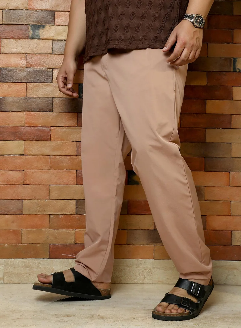 Instafab Plus  Instafab Plus Men's Desert Beige Solid Pleated Tailored Trousers | Mid-Rise , Straight Hem , Button Closure | Solid Plain Polyester Blend Material For Office & Casual Wear for Men | Best Price UAE