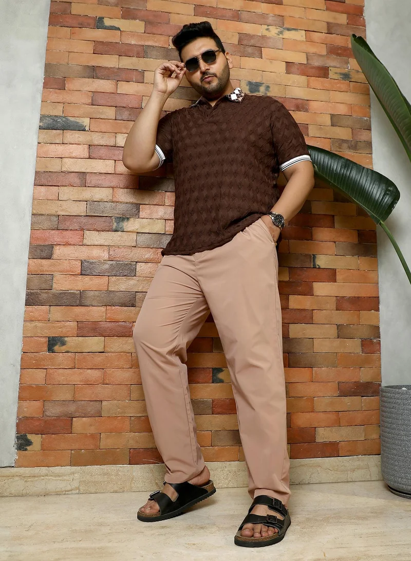 Instafab Plus  Instafab Plus Men's Desert Beige Solid Pleated Tailored Trousers | Mid-Rise , Straight Hem , Button Closure | Solid Plain Polyester Blend Material For Office & Casual Wear for Men | Best Price UAE