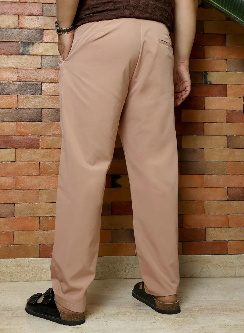Instafab Plus  Instafab Plus Men's Desert Beige Solid Pleated Tailored Trousers | Mid-Rise , Straight Hem , Button Closure | Solid Plain Polyester Blend Material For Office & Casual Wear for Men | Best Price UAE