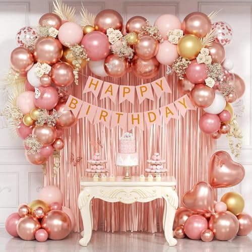 Leraqertra Rose Gold Birthday Decorations with Metallic Pearl Rose Gold Confetti Light Pink White Foil Balloons Fringe Curtain Banner Happy Birthday Decorations for Women - Image 1