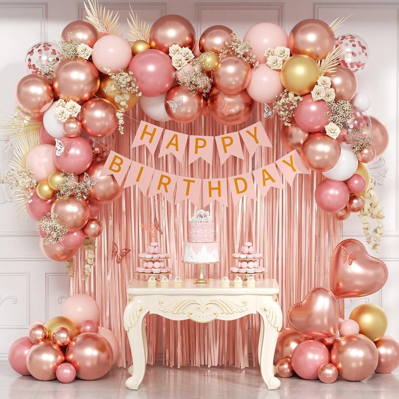 Leraqertra Rose Gold Birthday Decorations with Metallic Pearl Rose Gold Confetti Light Pink White Foil Balloons Fringe Curtain Banner Happy Birthday Decorations for Women - Image 3