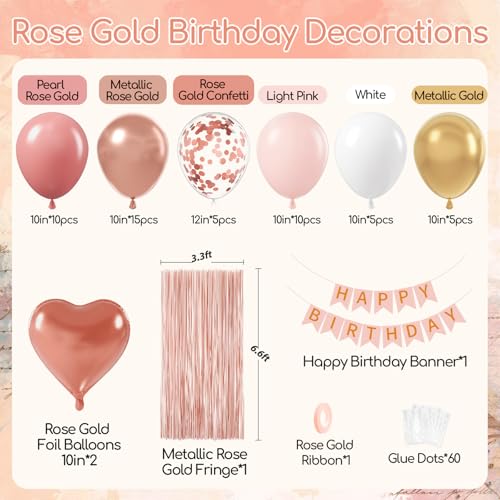Leraqertra Rose Gold Birthday Decorations with Metallic Pearl Rose Gold Confetti Light Pink White Foil Balloons Fringe Curtain Banner Happy Birthday Decorations for Women - Image 5