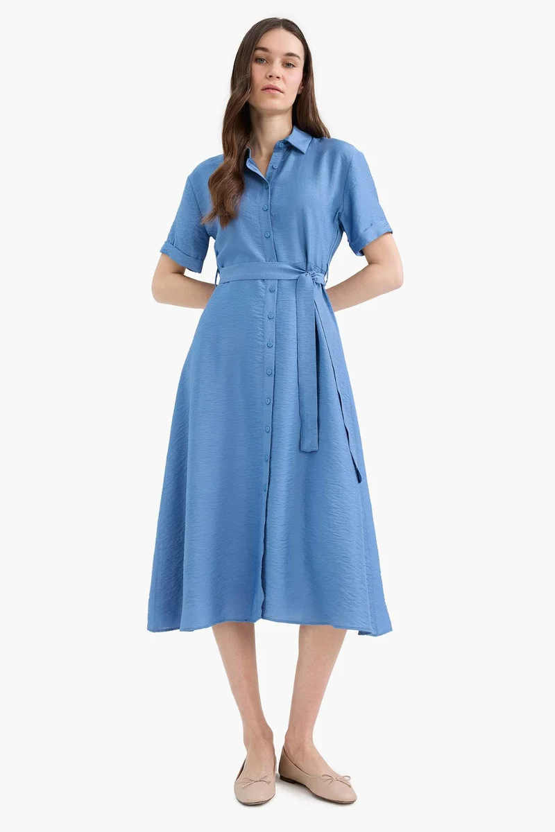 DeFacto Regular Fit Belted Short Sleeve Midi Dress