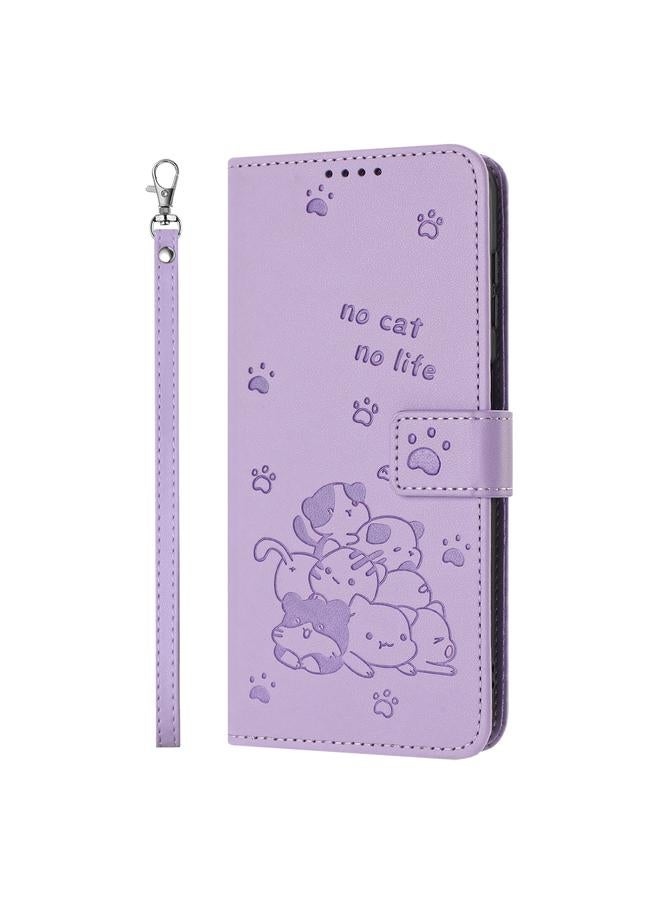S-TOP Case For Redmi 10 5G / Note 11E 5G Embossed Kitten Phone Leather Case with Lanyard - Image 2