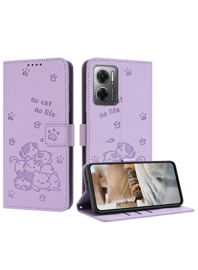 S-TOP Case For Redmi 10 5G / Note 11E 5G Embossed Kitten Phone Leather Case with Lanyard - Image 1