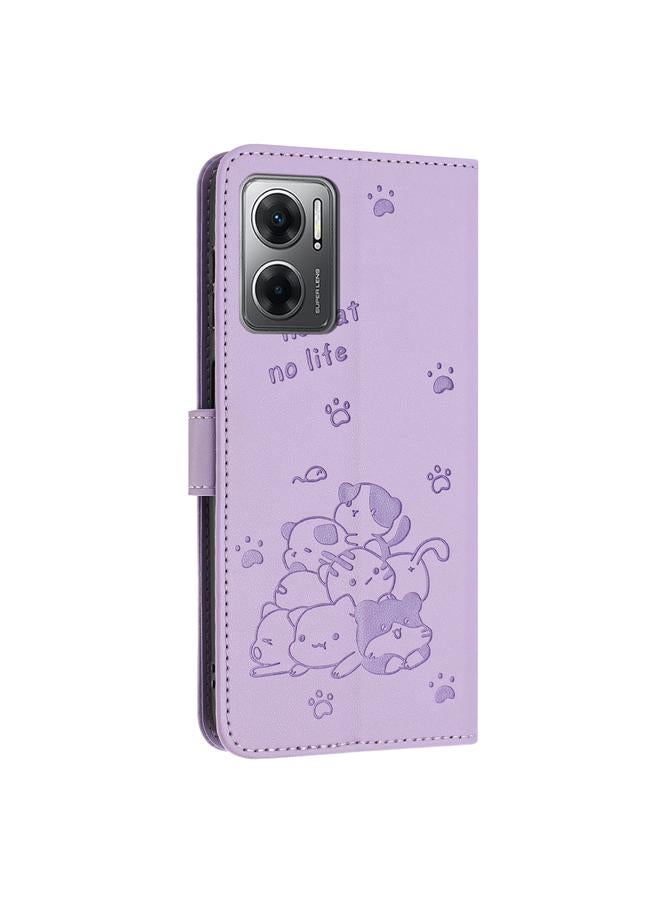 S-TOP Case For Redmi 10 5G / Note 11E 5G Embossed Kitten Phone Leather Case with Lanyard - Image 3
