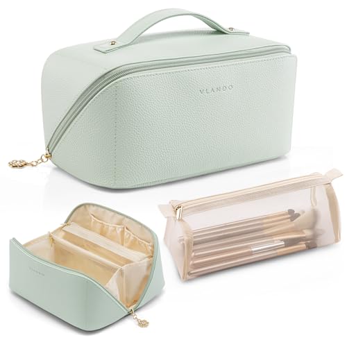 Vlando Makeup Bag,Large Capacity Toiletry Bag for Women Waterproof Portable Make up Pouch PU Leather Open Flat Cosmetic Bag(Mint Green) - Image 1