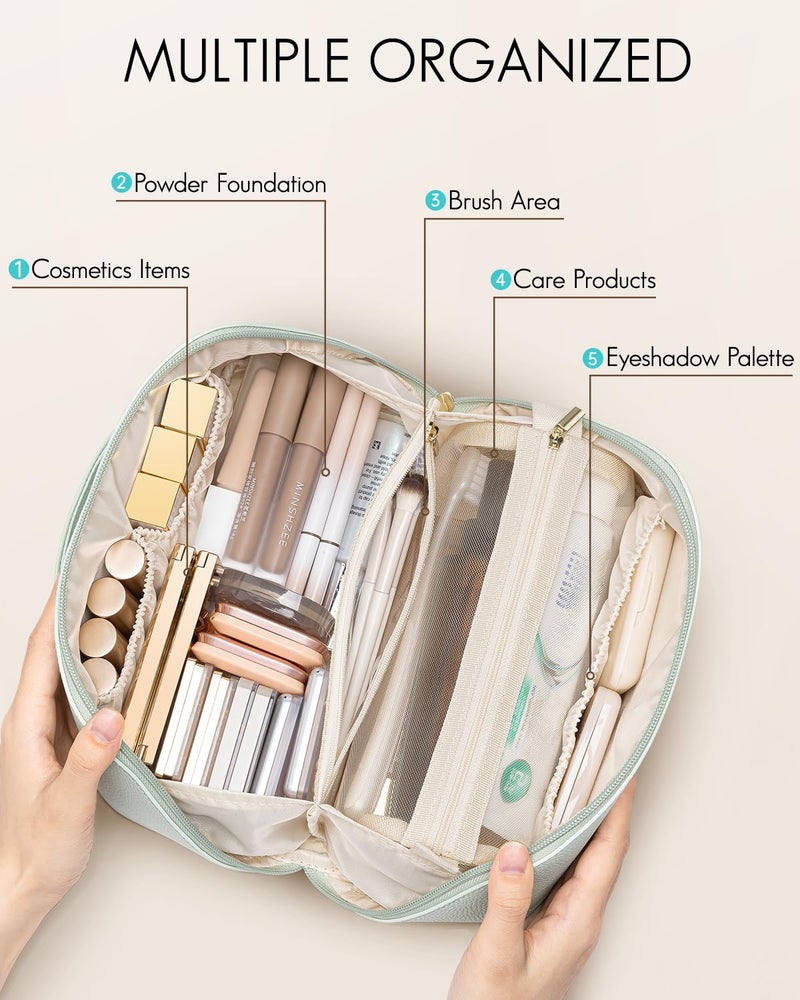 Vlando Makeup Bag,Large Capacity Toiletry Bag for Women Waterproof Portable Make up Pouch PU Leather Open Flat Cosmetic Bag(Mint Green) - Image 3