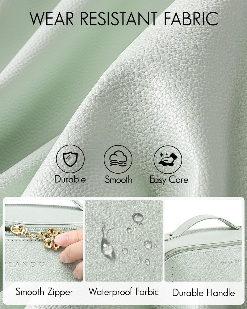 Vlando Makeup Bag,Large Capacity Toiletry Bag for Women Waterproof Portable Make up Pouch PU Leather Open Flat Cosmetic Bag(Mint Green) - Image 2
