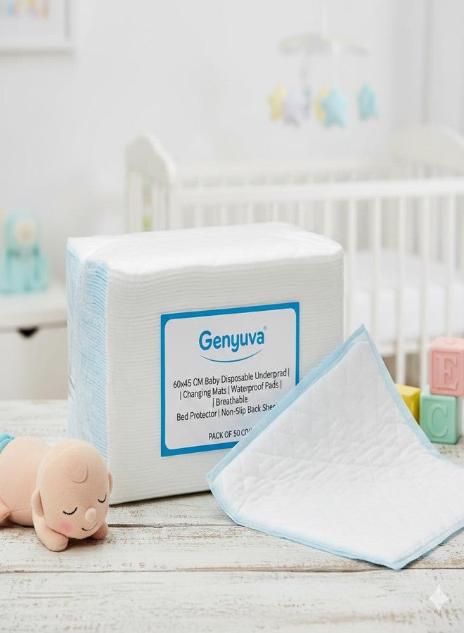 Genyuva 60x45 CM Baby Disposable Underpad | Changing Mats Baby Waterproof Pads | Waterproof Diaper | Breathable Underpads | Bed Protector with Non Slip Back Sheet- Pack of 50 Count