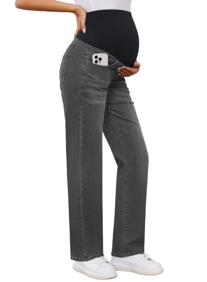 POSHGLAM Women's Maternity Jeans Straight Leg 30'' Over Belly Comfy Stretch Denim Pants, S-XXL, A04 Washed Black 30'', XXL - Image 1