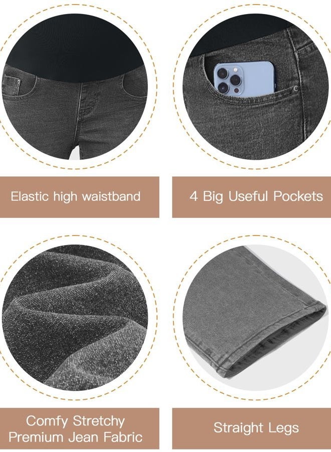 POSHGLAM Women's Maternity Jeans Straight Leg 30'' Over Belly Comfy Stretch Denim Pants, S-XXL, A04 Washed Black 30'', XXL - Image 4