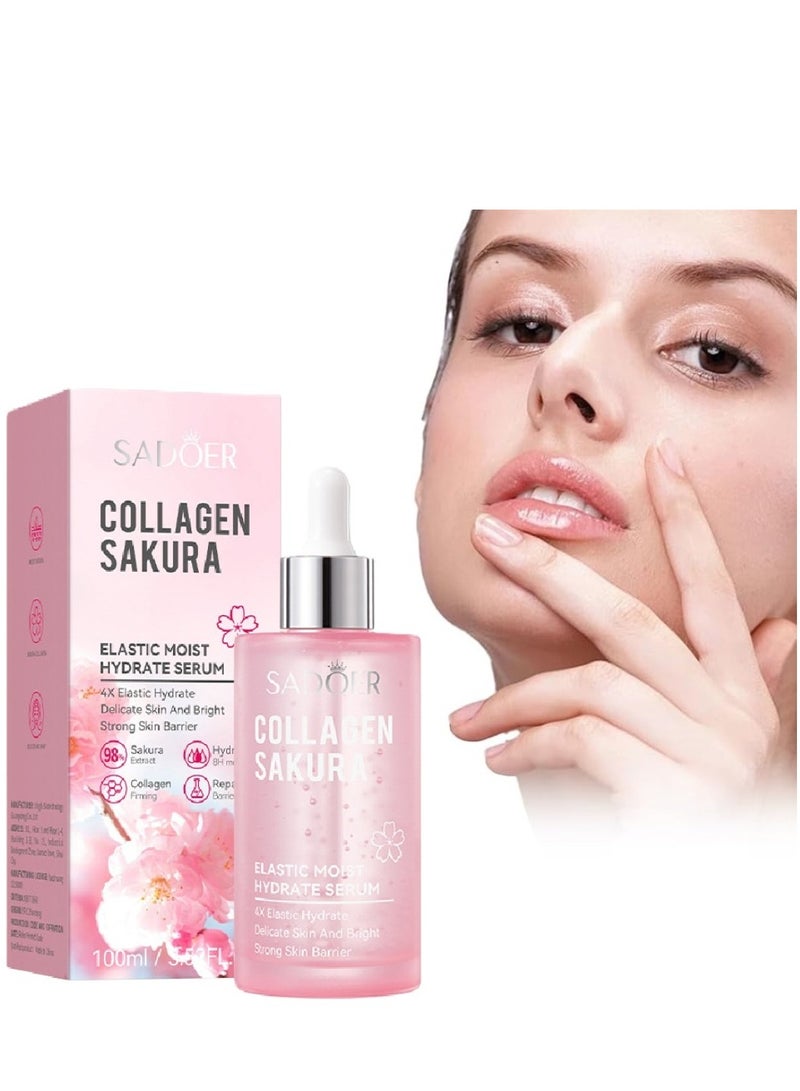 SADOER Collagen Sakura Elastic Moist Hydrate Serum, Sakura Facial Serum for Anti-Wrinkle, Anti-Ageing, Moisture Refreshing Sakura Essence, Brighten Skin Tone, Rejuvenate Skin Balance 100 ml - Image 1