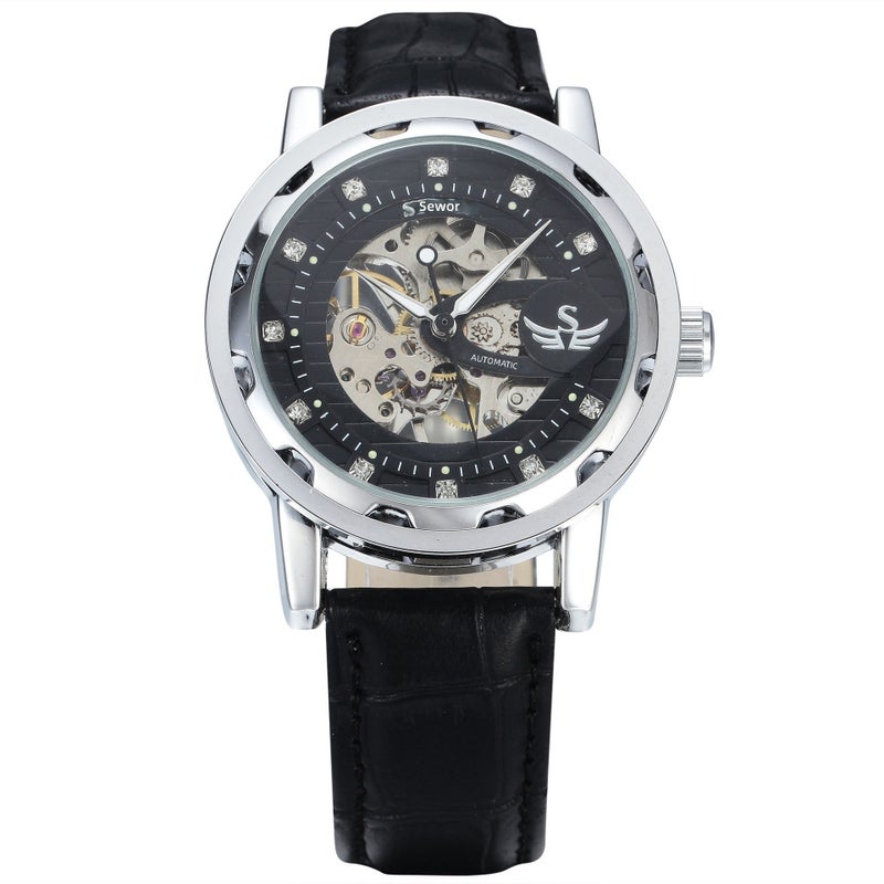 SEWOR Mechanical Skeleton Stainless Steel Men's Watch - Business Style, 35mm Dial, Butterfly Clasp - White case black dial - Image 1