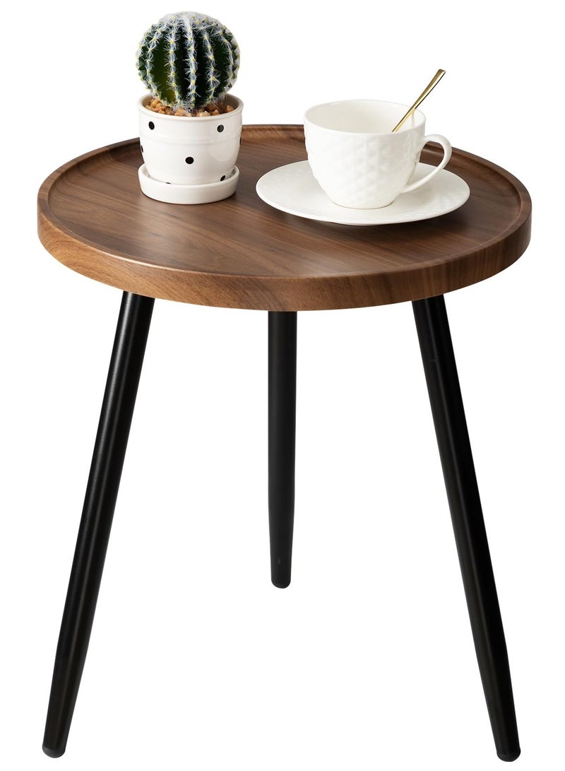 Generic Round Side Table, Metal Legged Accent Table with Wooden Tray, Small Round End Table for Living Room, Bedroom, Nursery(Brown)  - Image 1