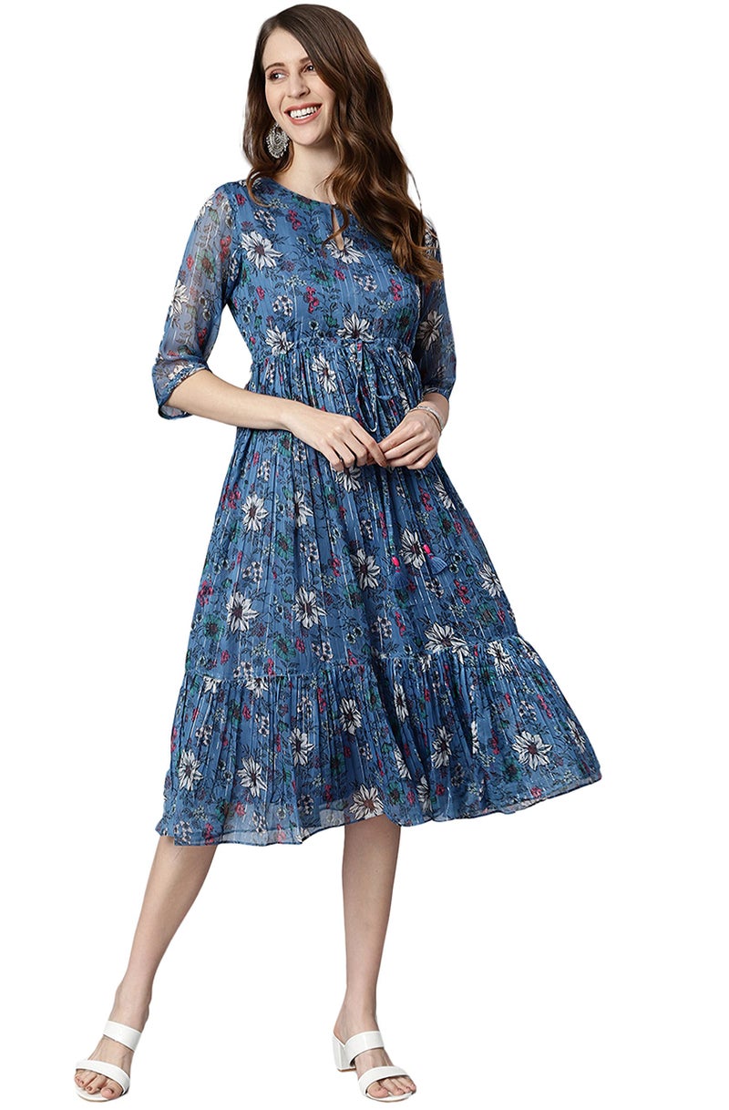 Janasya Women's Blue Poly Georgette Floral Flared Western Dress(J0341-DR-S) - Image 3
