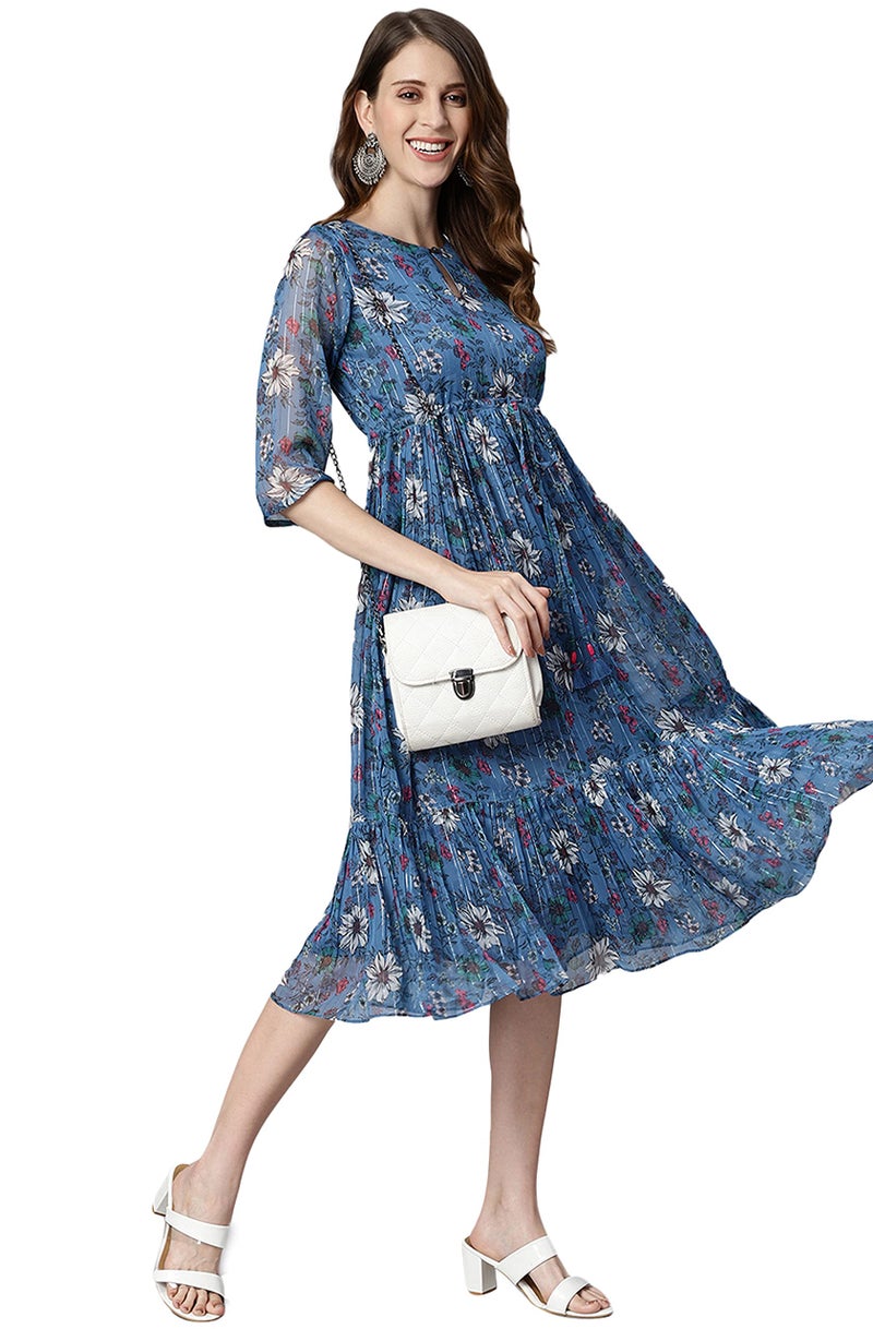 Janasya Women's Blue Poly Georgette Floral Flared Western Dress(J0341-DR-S) - Image 1