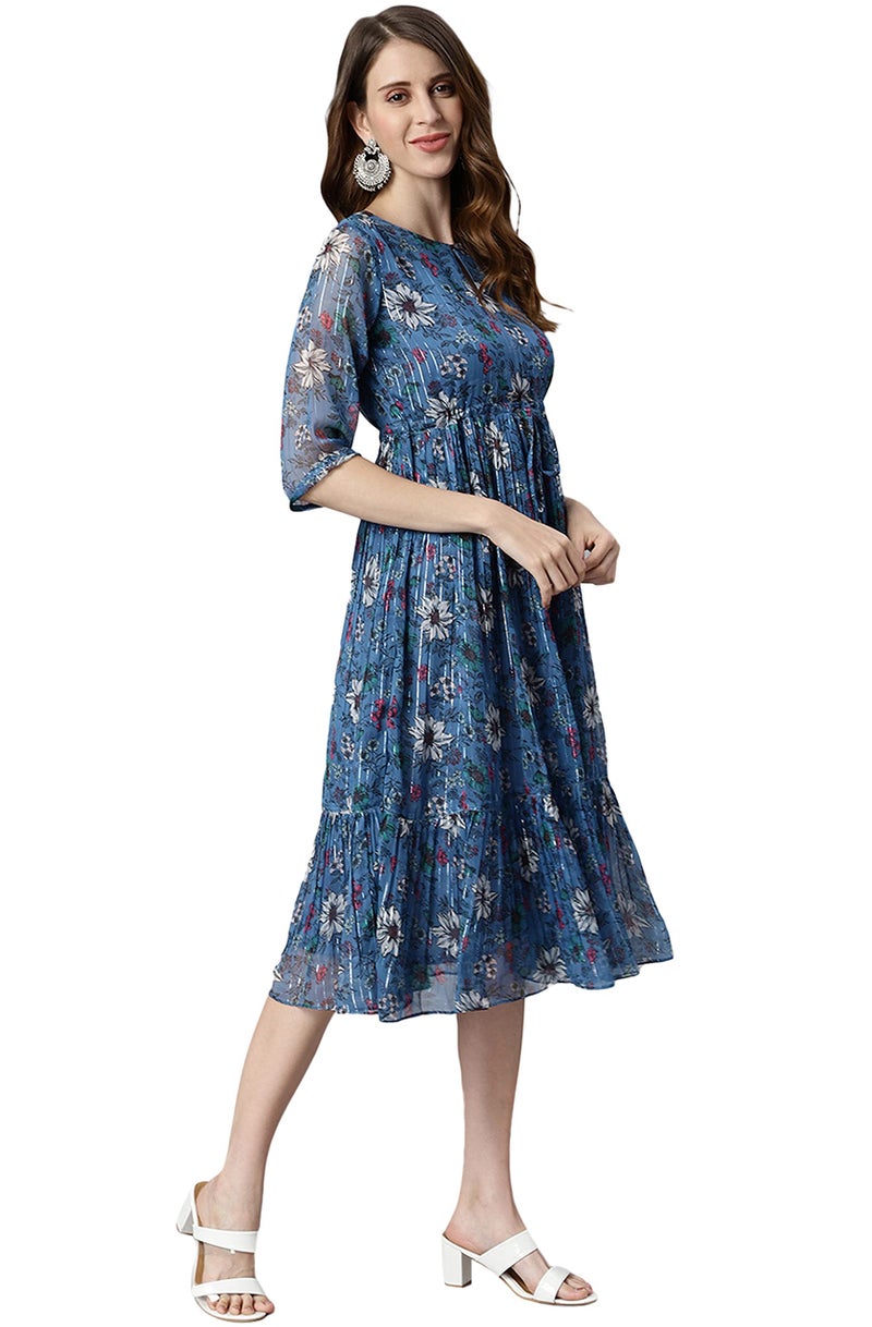 Janasya Women's Blue Poly Georgette Floral Flared Western Dress(J0341-DR-S) - Image 5